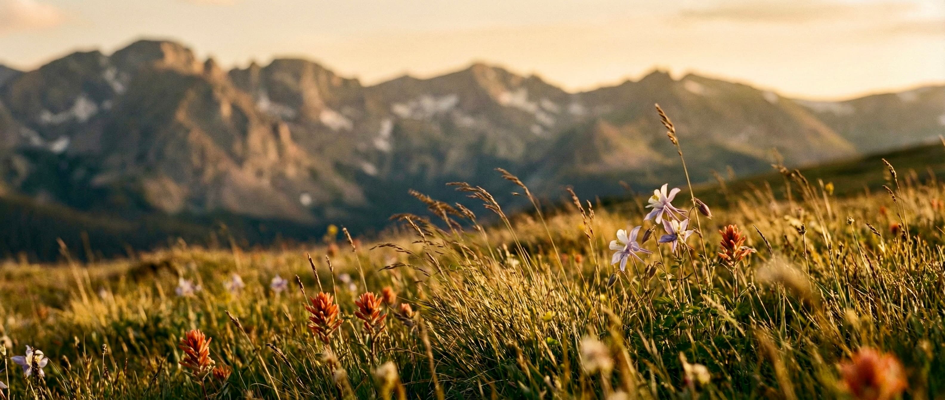 Alpine meadow with wildflowers at golden hour