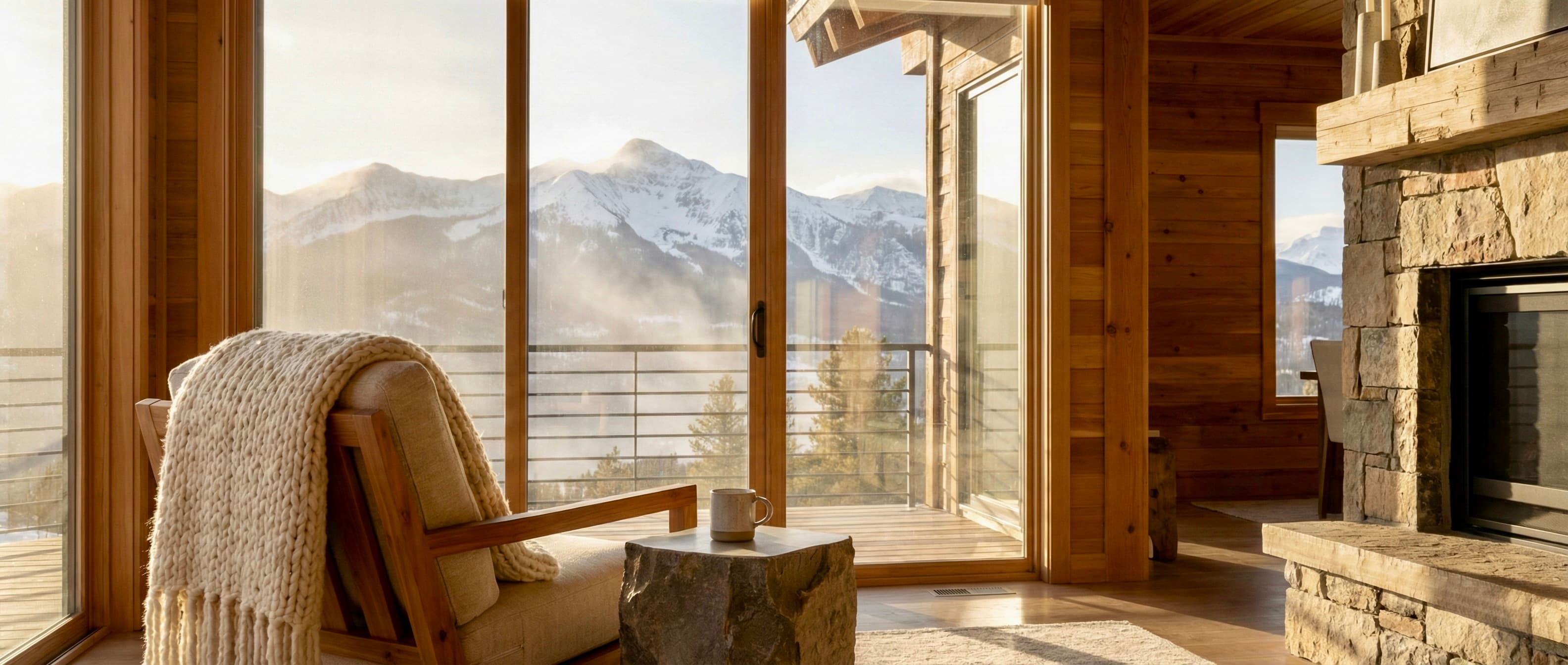 Mountain retreat interior with fireplace and mountain view