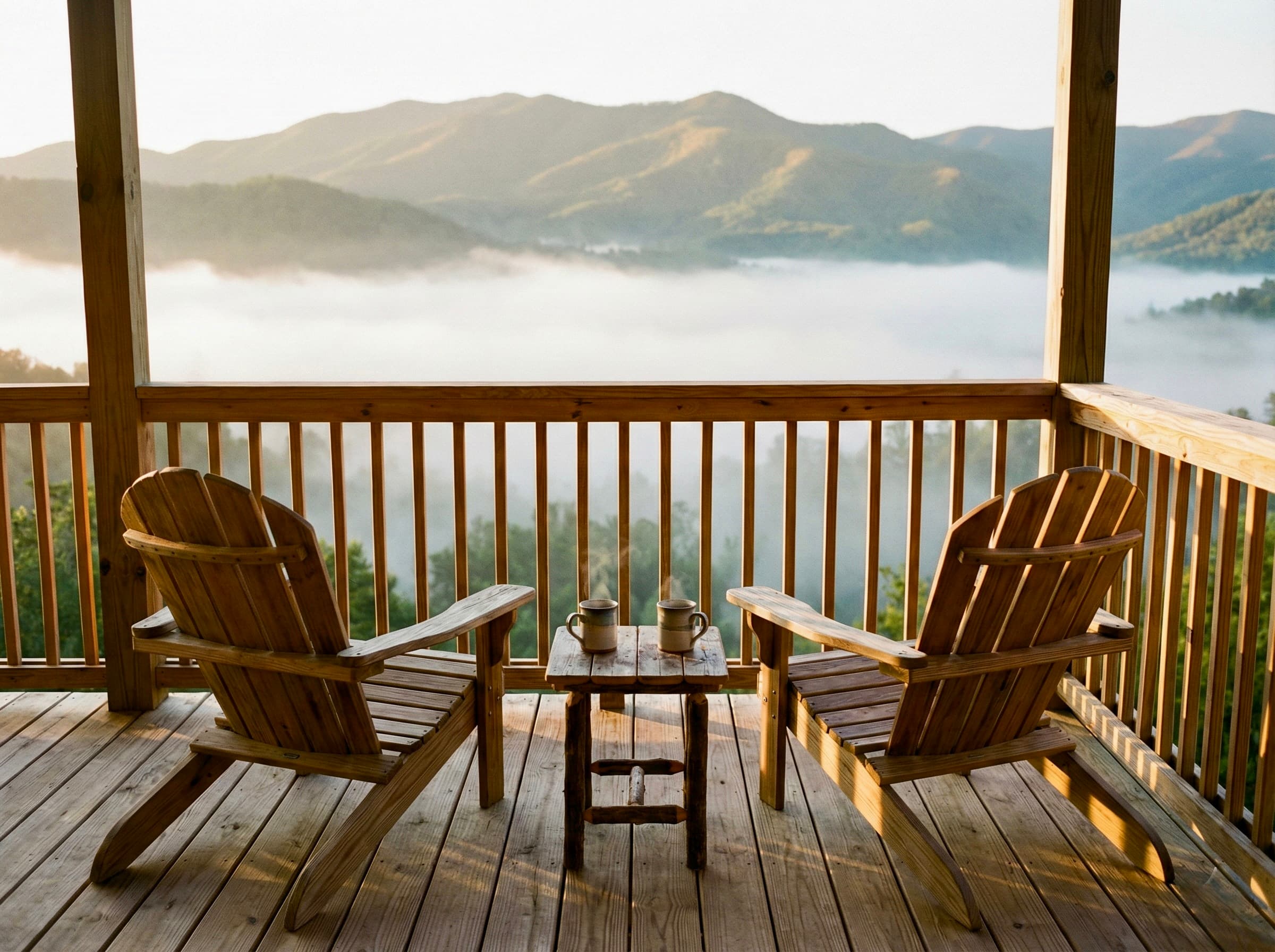 Two chairs on cabin deck overlooking mountain valley