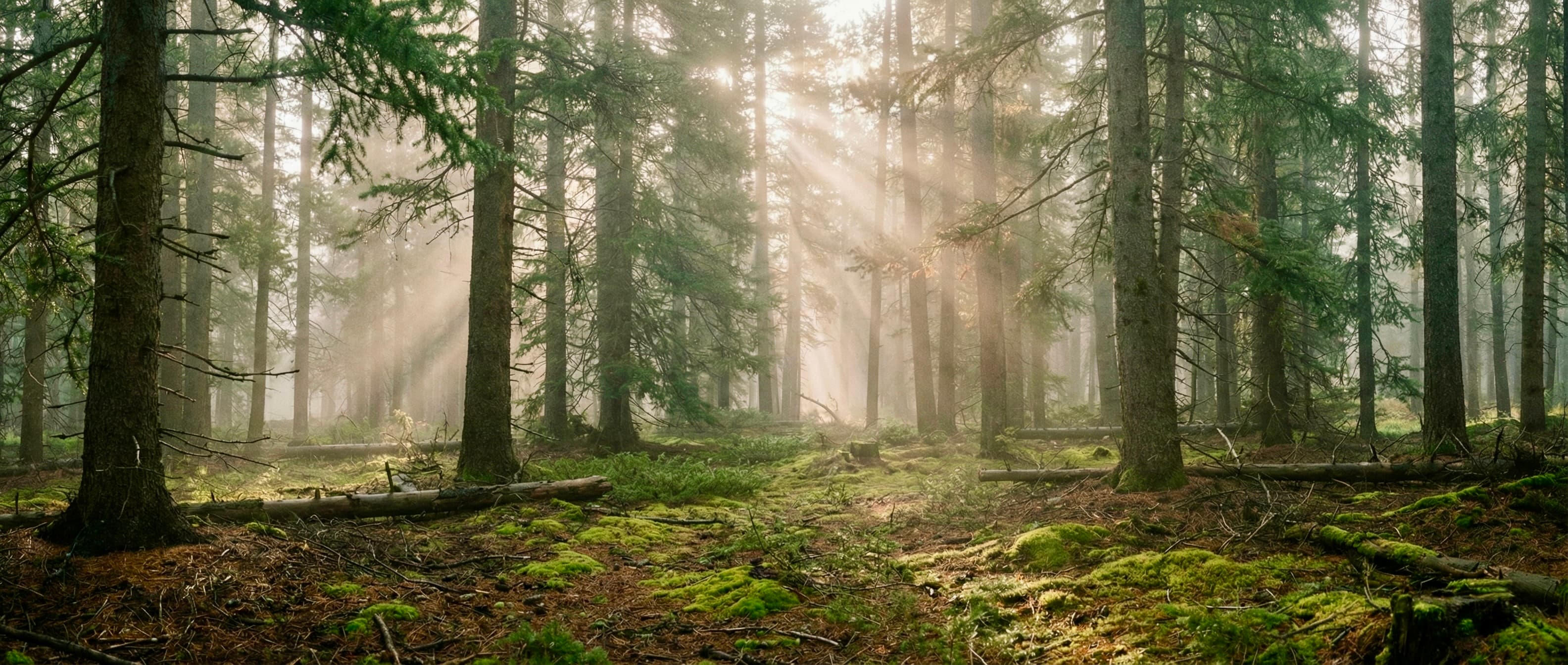 Morning mist and light filtering through mountain forest
