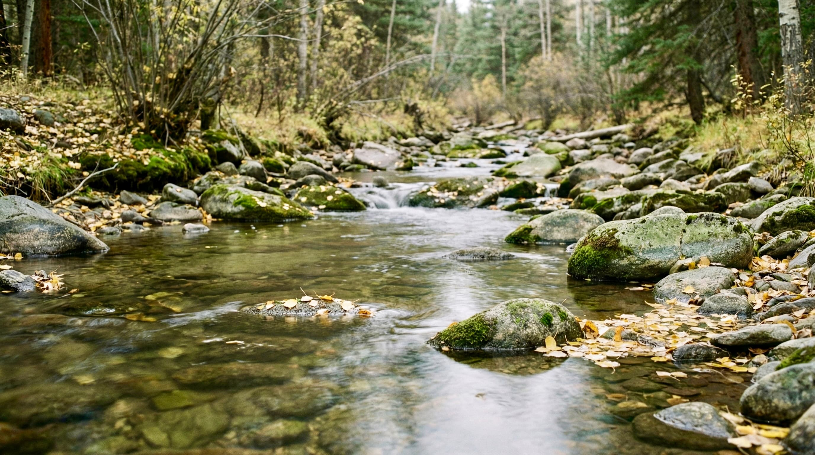 Mountain stream with autumn aspen leaves