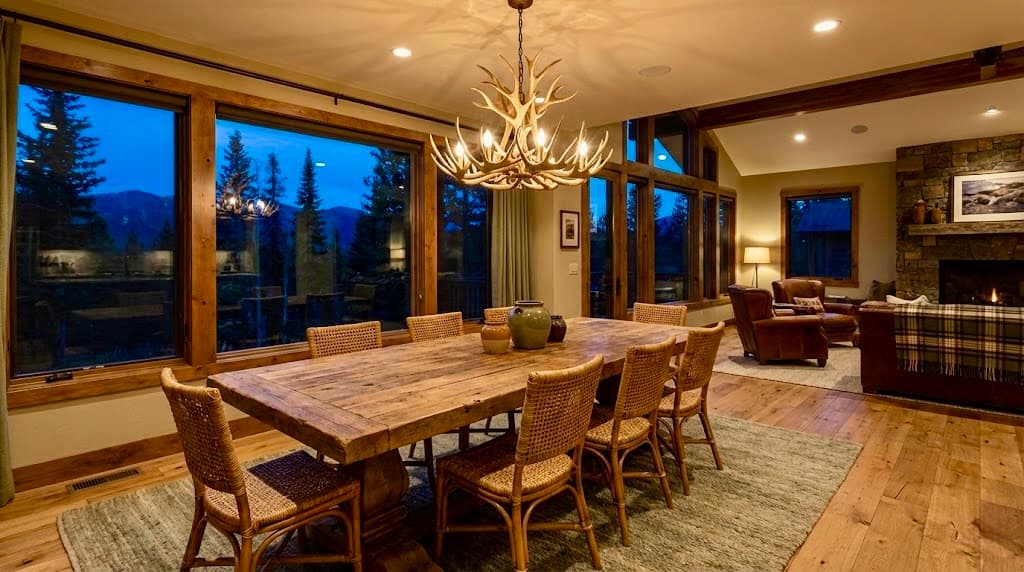 Mountain retreat dining room with antler chandelier at twilight