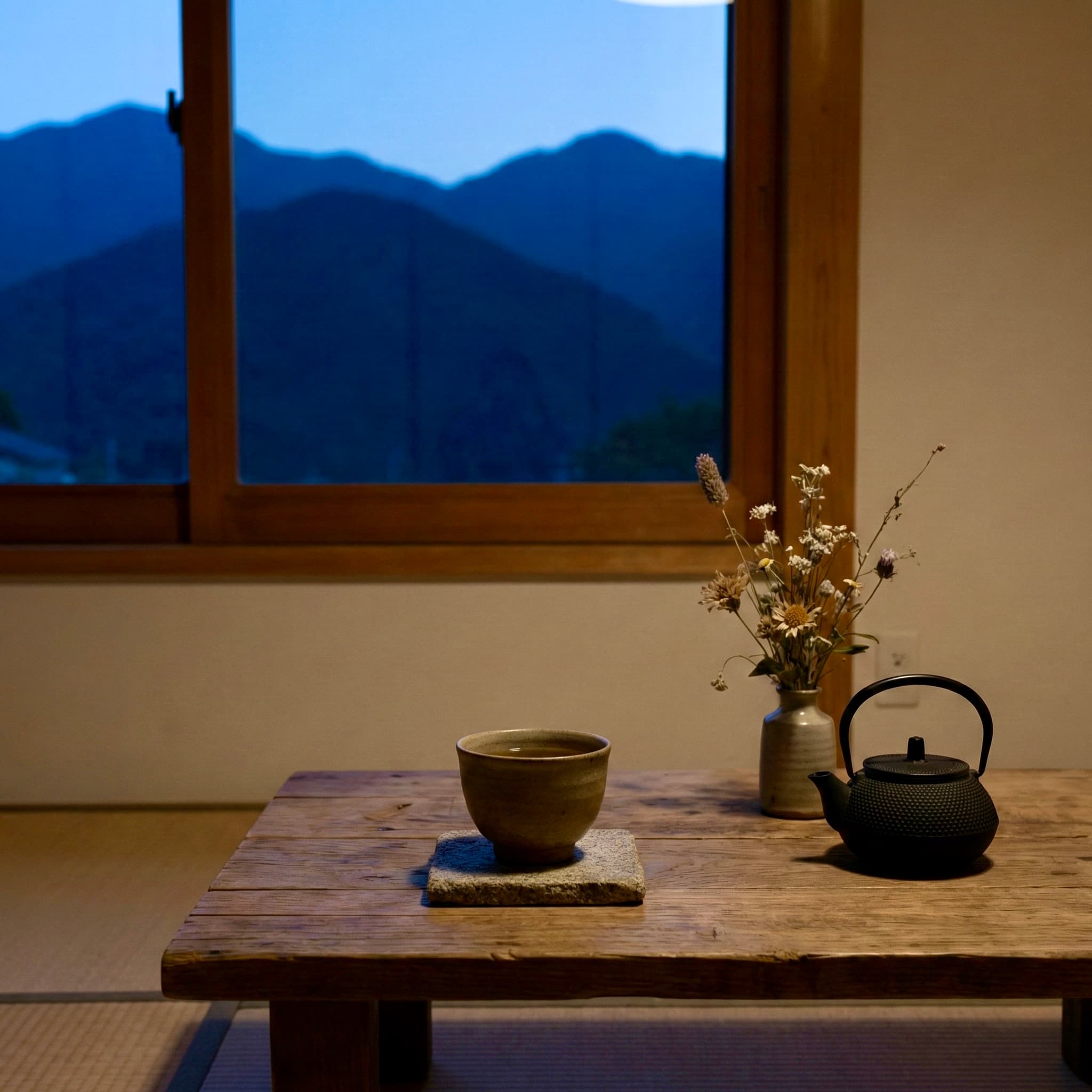 Tea ceremony with mountain view at twilight